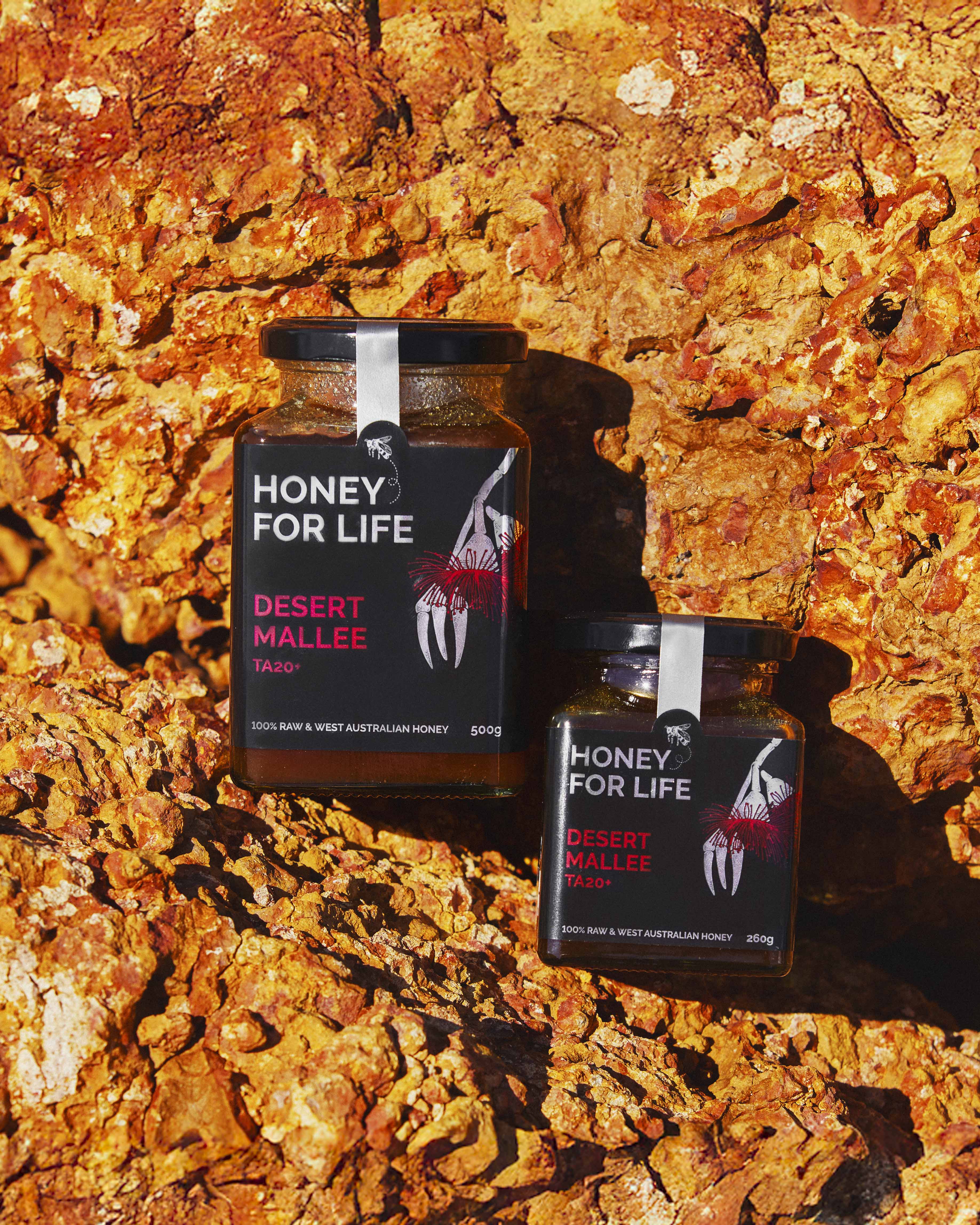 岩のテクスチャを背景に「Honey for Life」のデザートマリー蜂蜜の瓶が2つ