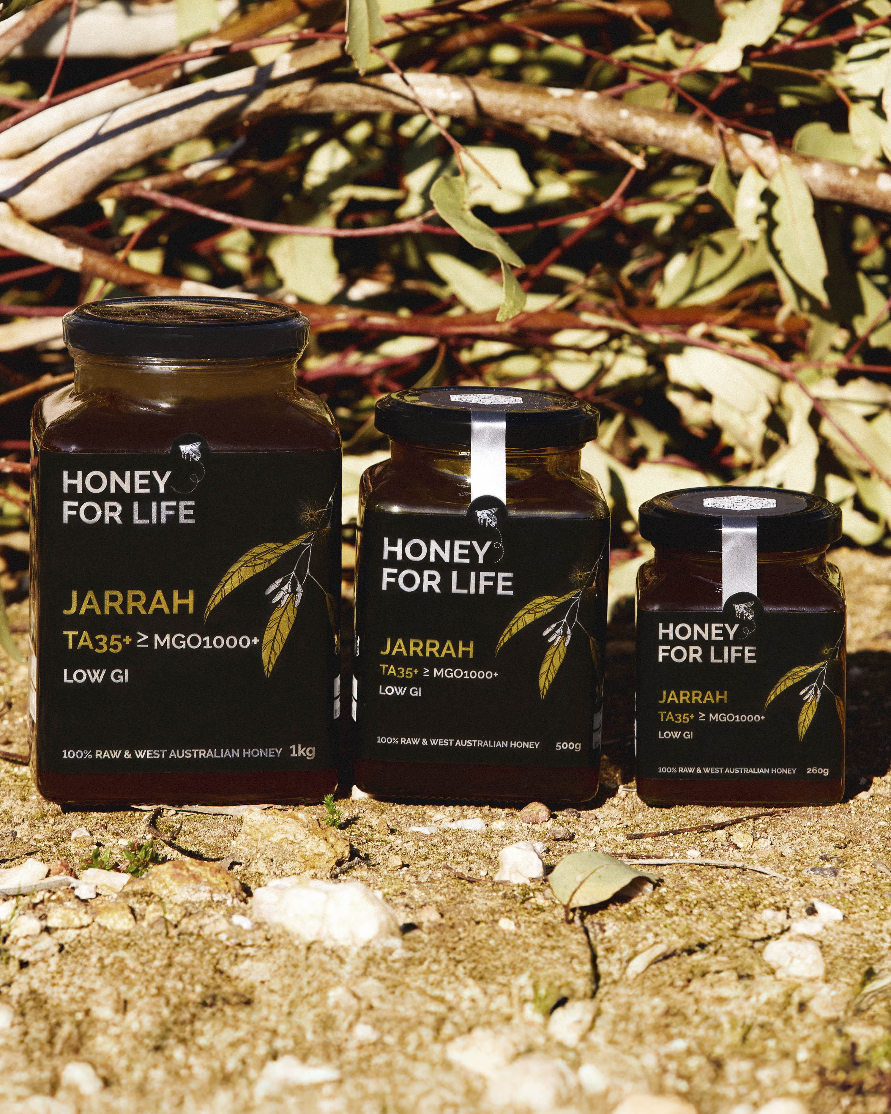 葉と枝の自然の背景に置かれた「Honey for Life」のジャラ蜂蜜3瓶